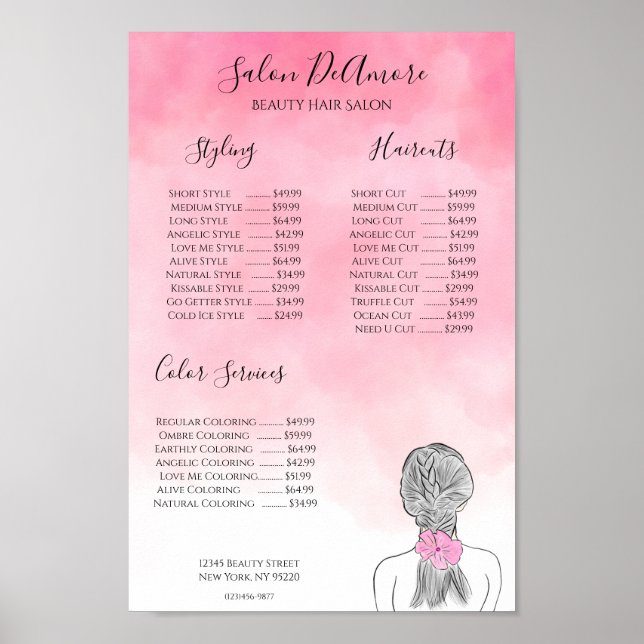 Póster Chica del menú de servicio con trenza acuarela ros (Frente)