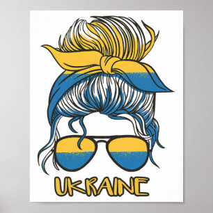 Póster Chica del moño despeinado con bandera ucraniana Uc