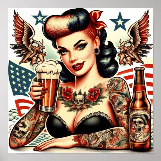 Póster Chica del tatuaje de la vieja escuela (Frente)