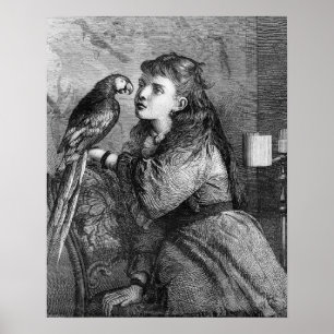 Póster Chica del vintage y aguafuerte del loro