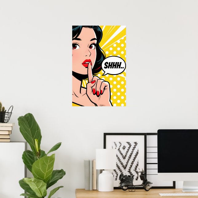Póster Chica diciendo Shhhhh Pop Art (Oficina en casa)