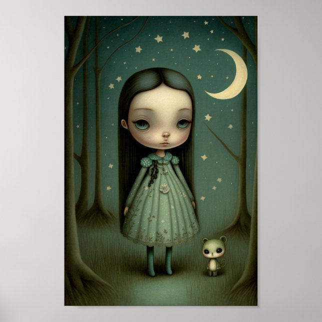 Póster Chica dulce y la luna en el bosque (Frente)