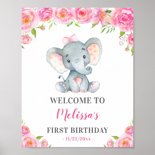 Póster Chica Elefante Primer Fiesta de cumpleaños número  (Frente)