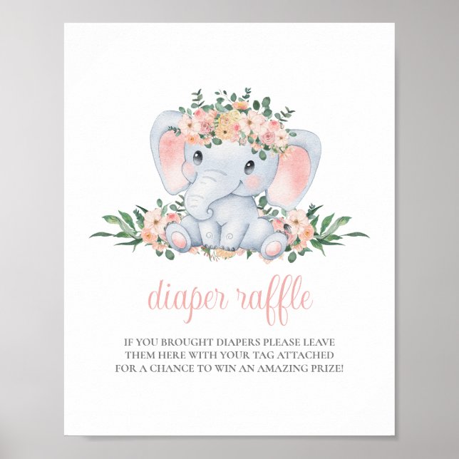 Póster Chica elefante Rótulo rosado Baby Shower Diaper Ra (Frente)