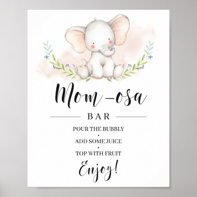 Póster Chica Elephant Baby Shower Mom-osa Bar Rótulo (Frente)
