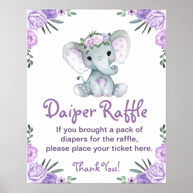 Póster Chica Elephant Diaper Raffle Baby Shower Game Rótu (Frente)