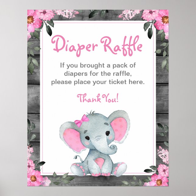 Póster Chica Elephant Diaper Raffle Baby Shower Game Rótu (Frente)
