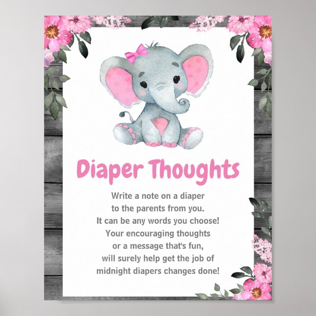 Póster Chica Elephant Diaper Thoughts Baby Shower Rótulo (Frente)
