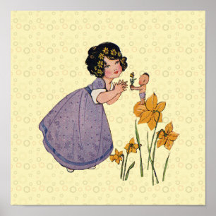 Póster Chica Elf Fairy Daffodil Antiguo Pascua
