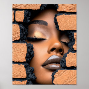 Póster Chica emergiendo a través de una pared de ladrillo