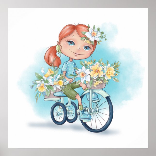 Póster Chica en bicicleta con Poster de flores (Frente)