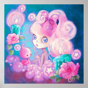Póster Chica en Bubblebath con velas y Rosas