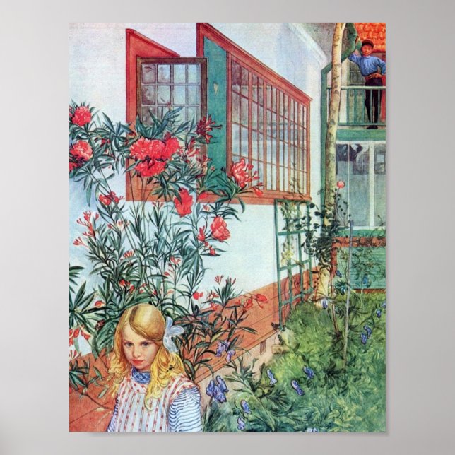 Póster Chica en el jardín con flores rojas (Frente)