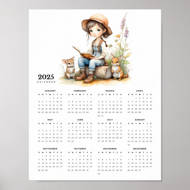 Póster Chica en Jardín de Flores lee el calendario Conejo (Frente)