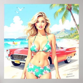 Póster Chica en la playa con un coche clásico