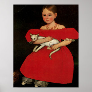 Póster Chica en rojo con su gato y su perro