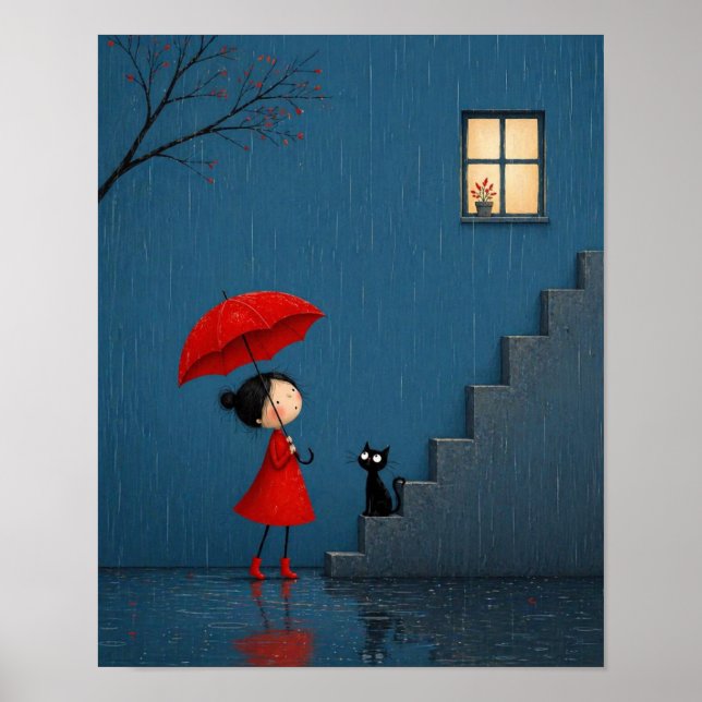 Póster Chica en Rojo Esperando junto a las escaleras lluv (Frente)