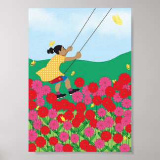 Póster Chica en un columpio con flores