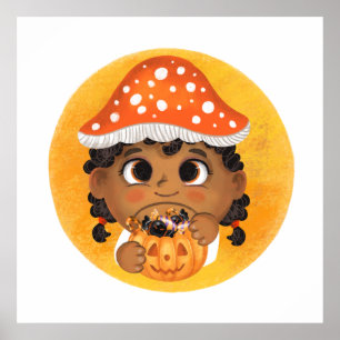 Póster Chica en un disfraz de Halloween con hongos agaric