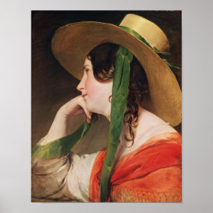 Póster Chica en un Gorra de paja amarillo,