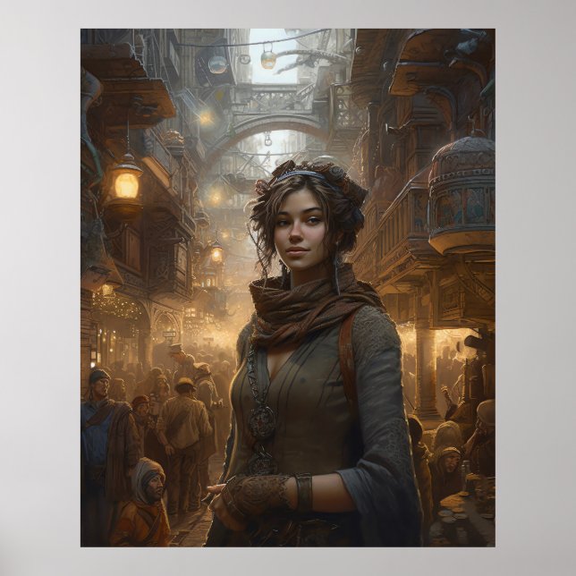 Póster Chica en una calle Steampunk (Frente)
