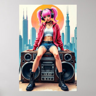 Póster Chica en una grabadora de cinta antigua