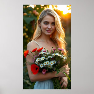 Póster Chica encantador con Bouquet Daisies y Coppies