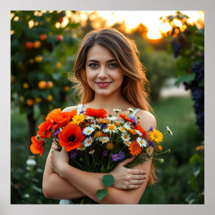 Póster Chica encantador con Bouquet Daisies y Coppies
