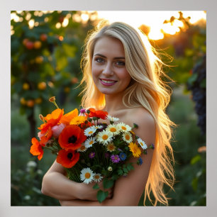 Póster Chica encantador con Bouquet Daisies y Coppies