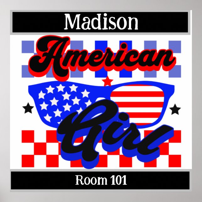 Póster Chica estadounidense. Estrellas y rayas. Gafas de  (Frente)