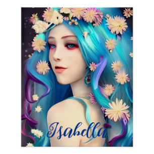 Póster Chica Etérea Bonita con Flores Personalizadas