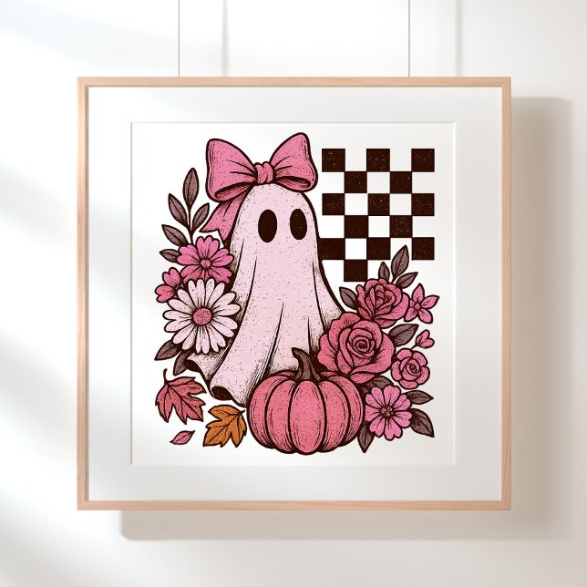 Póster Chica fantasma de coqueta rosa retro con Bow Hallo (This coquette ghost retro Halloween design combines floral sweetness with spooky spirit.)