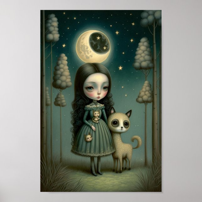 Póster Chica fantástica en el bosque con la luna (Frente)