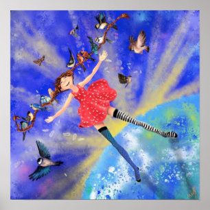 Póster Chica feliz con pintura Poster de pájaros