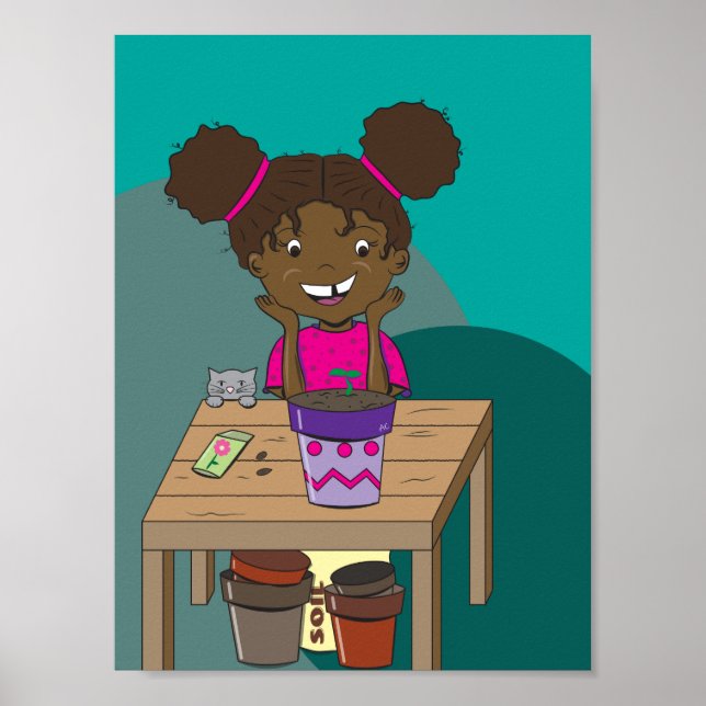 Póster Chica feliz mirando a su Poster de los semilleros (Frente)