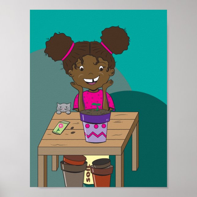 Póster Chica feliz mirando su cartel de plántulas (Frente)