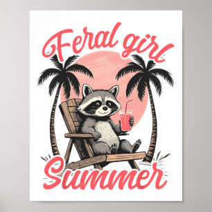 Póster Chica Feral Vacaciones de Verano Mapache de Playa