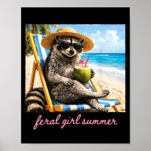 Póster Chica Feral Verano Mapache Meme Divertido Vacacion