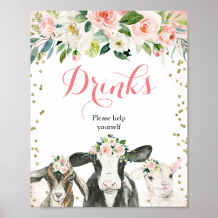 Póster Chica floral de animales de granja toma un Rótulo