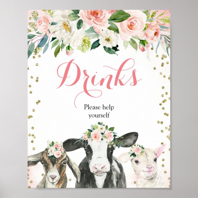 Póster Chica floral de animales de granja toma un Rótulo  (Frente)