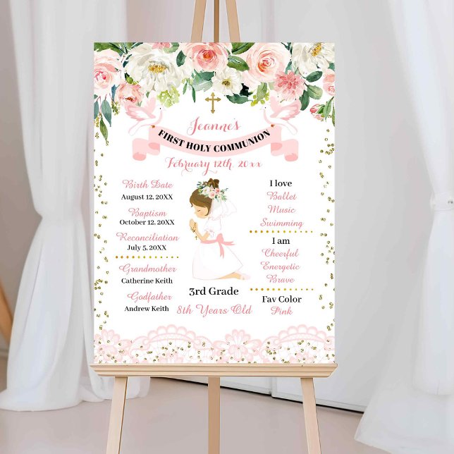 Póster Chica floral de oro rosa Rótulo de primera comunic (Subido por el creador)