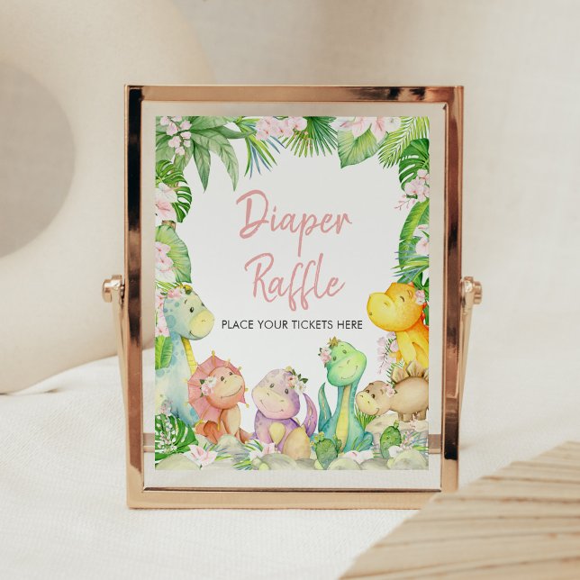 Póster Chica floral Dinosaur Baby Shower Diaper Raffle (Greenery Dinosaur Baby Shower Diaper Raffle Sign)