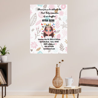 Póster Chica floral mariposa Primera invitación a la Sant