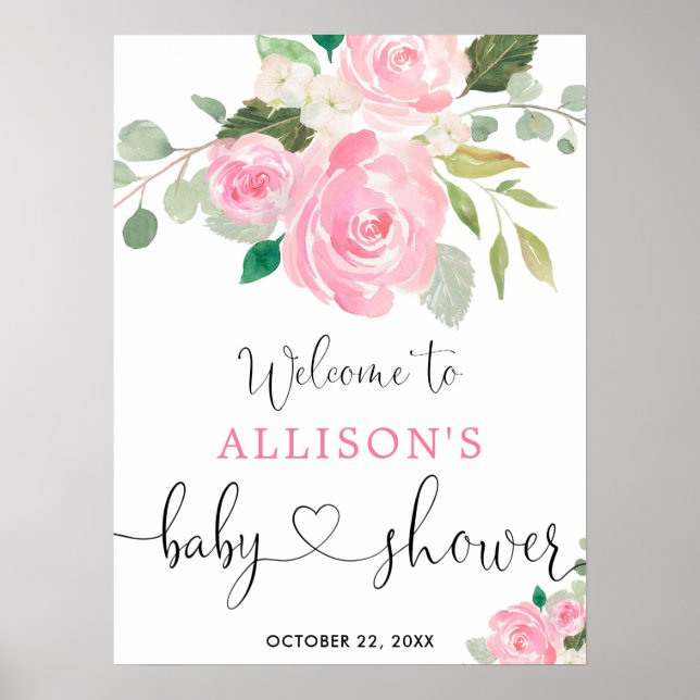 Póster Chica floral rosa  de bienvenida con ducha (Frente)