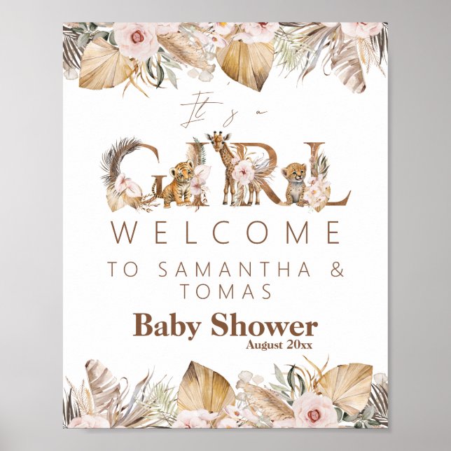 Póster Chica floral tropical de Safari Animal Baby Shower (Frente)