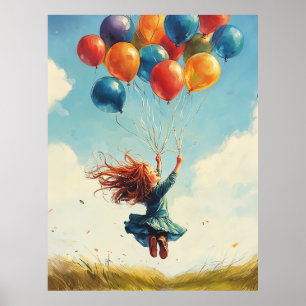 Póster Chica flotante con globos