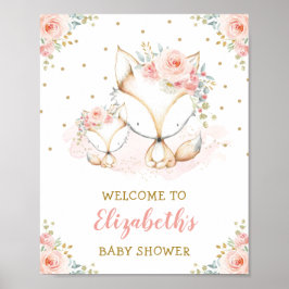 Póster Chica Fox Rubor Pink Floral Baby Shower Welcome