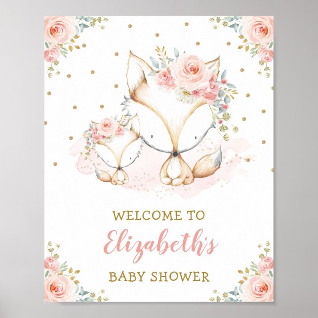 Póster Chica Fox Rubor Pink Floral Baby Shower Welcome (Frente)