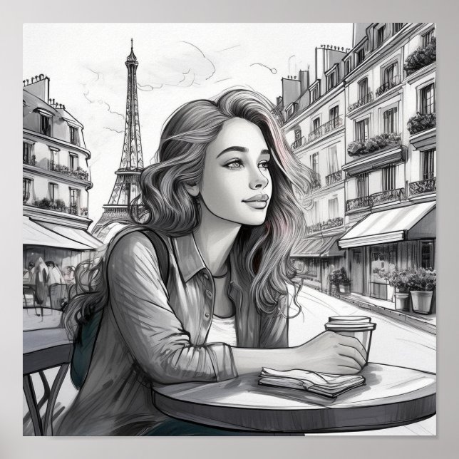 Póster Chica francés tomando café (Frente)