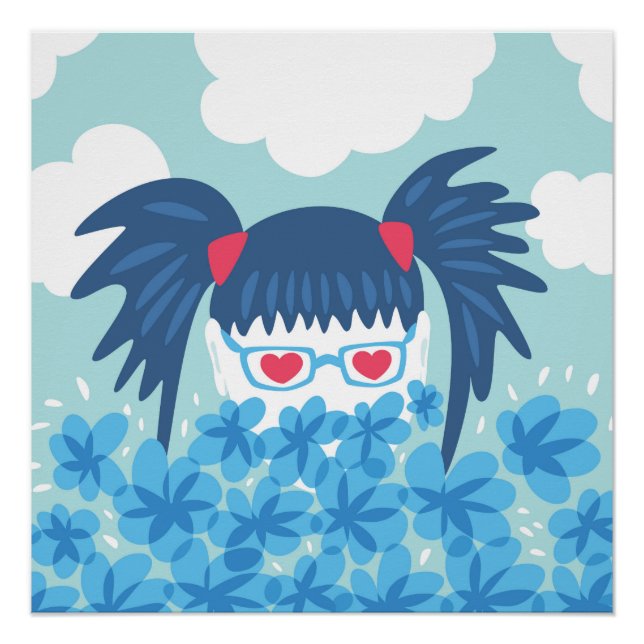 Póster Chica Geek Con Pelo Azul Y Flores (Anverso)